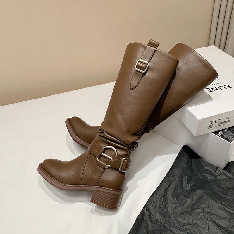 

Vintage British Style Metal Belt Buckle Pleated Western Cowboy Boots Square Head Thick Heel Leather Sexy Women's Boots
