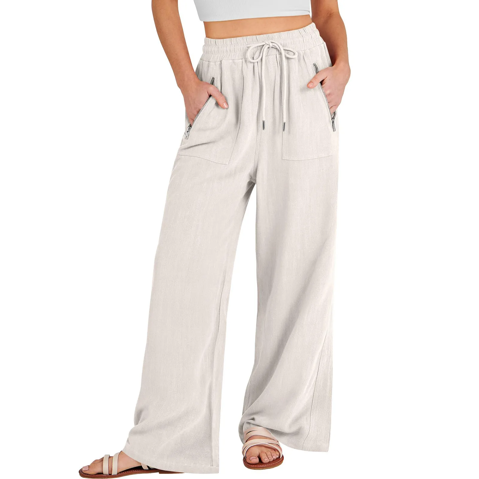 

Брюки женские льняные с широкими штанинами, повседневные эластичные пляжные свободные штаны Палаццо с завышенной талией и карманами, на лето