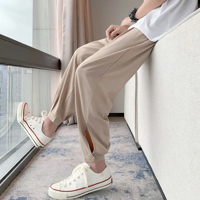 Spring Summer Fashion All Match High Waist Loose Men's Clothing Solid Color Tie Feet Slimming Pockets Solid Cotton Casual Pants