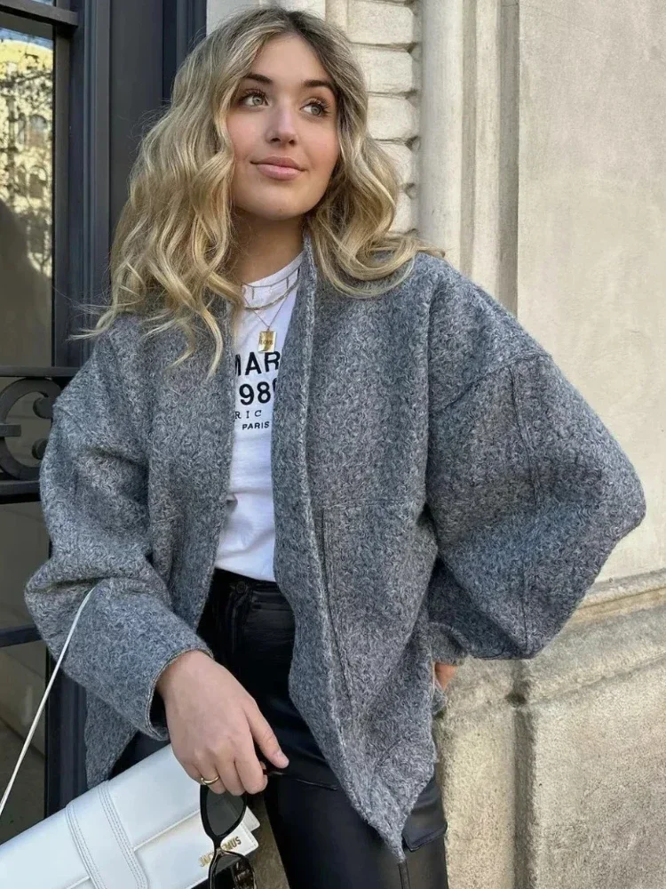 ZBZA Woman's Oversized Bomber Jacket Autumn New Round Neck Long Sleeve Pocket Hidden Button Loose Jackets Coat Female Outerwear 3