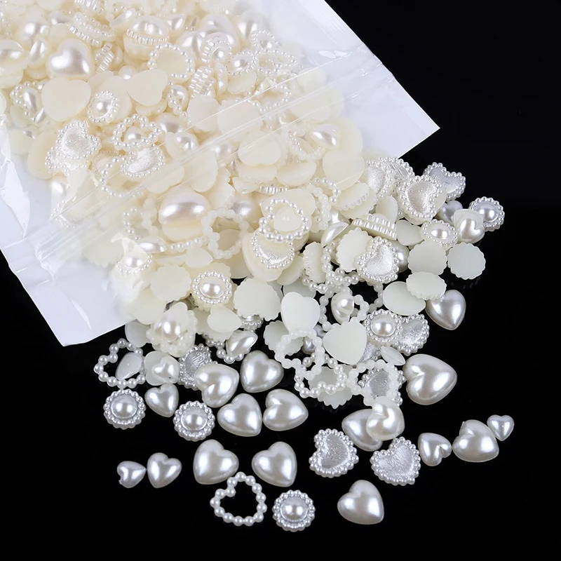 500Pcs Creamy White Pearls 3D Nail Charms Multi Shapes Heart Star Bowknot  Round Pearls Nail Beads