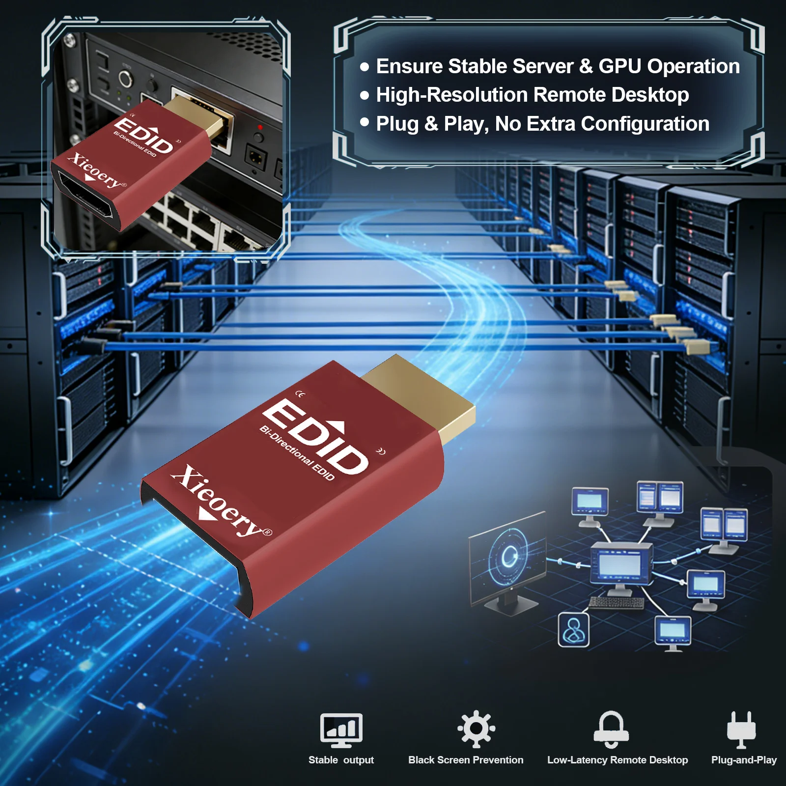 Advanced HDMI EDID Emulator 1920×1080 60Hz - Wide-Resolution Display Adapter for Remote Desktop and Multi-Monitor Solutions