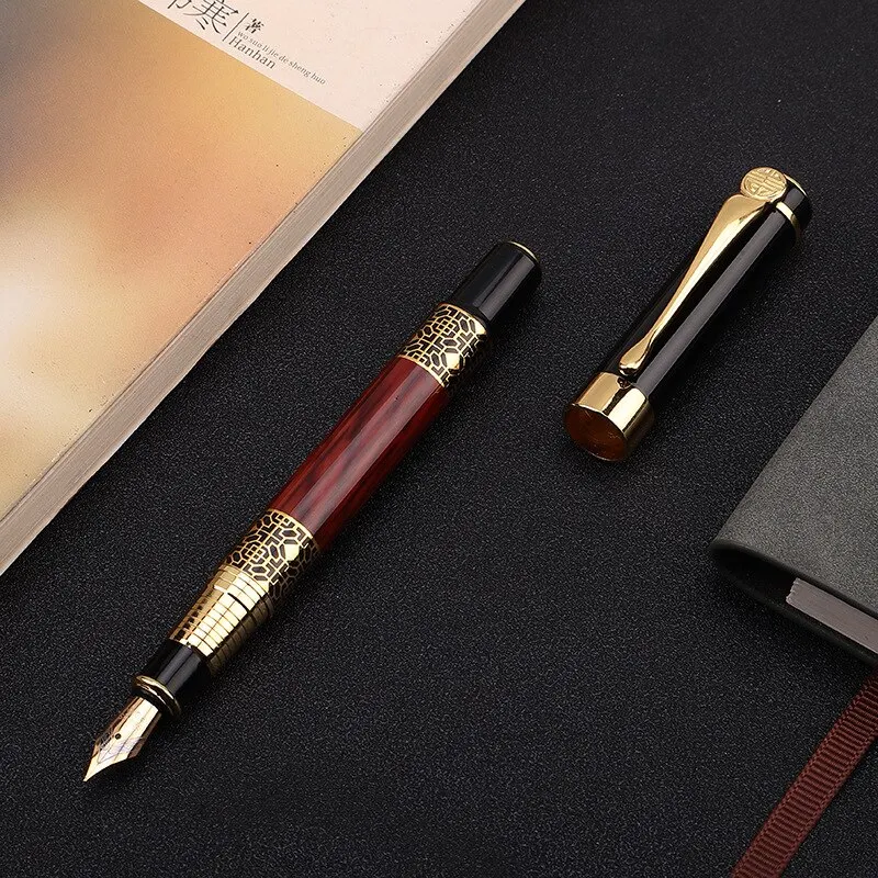 Wood Grain Signature Pen Golden Carving Mahogany Student Office Supplies Fountain Pen New Ink Pen Daily Signature Pe