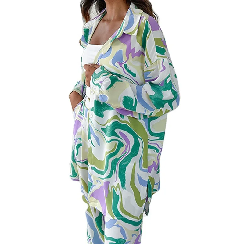 Women's Two Piece Set Trouser Shirt Suit Long Sleeve Print Shirt And Wide Leg Pants Casual Outfits 2024 Summer Suit For Women