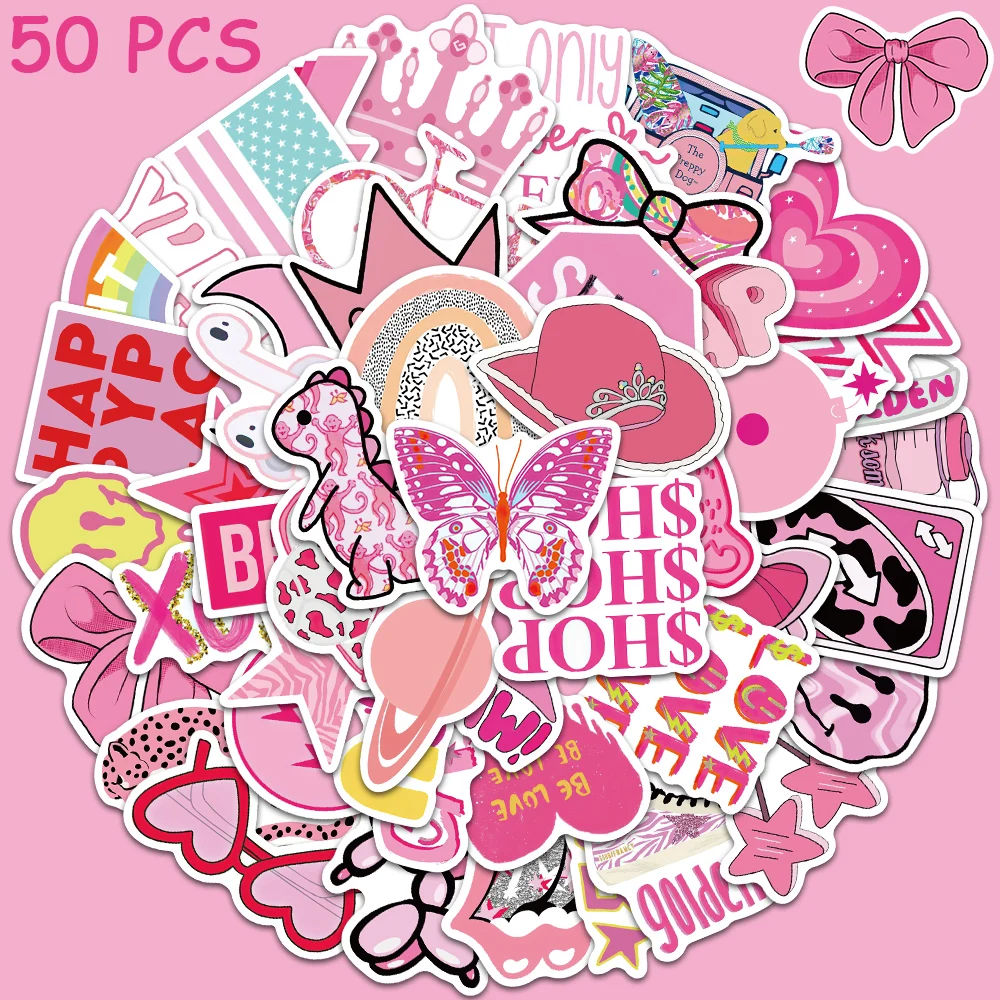 50pcs Preppy Student Pink Cute Stickers Graffiti Water Bottle Luggage Guitar Skateboards Laptop Waterproof Decals