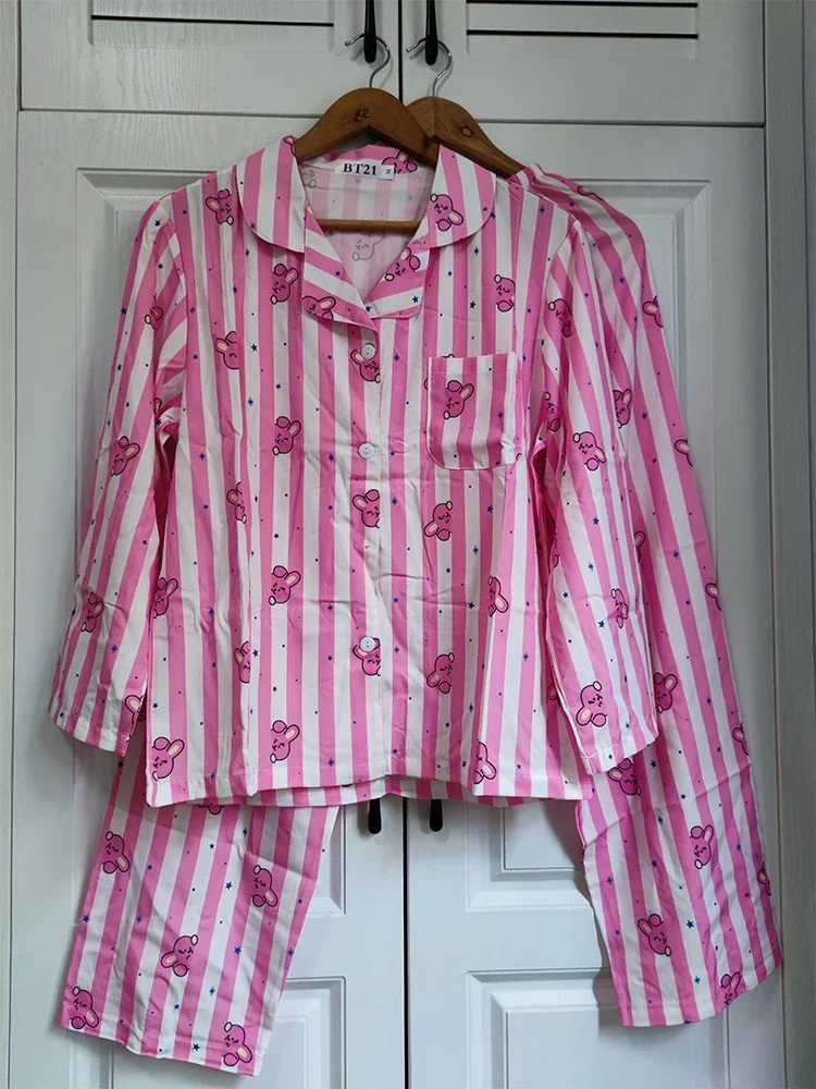 Print Women's Striped Cartoon Cute Pajamas Set Top Shirts Pants Kawaii Homewear Suit Female Spring Summer Korean Sleepwear Suits