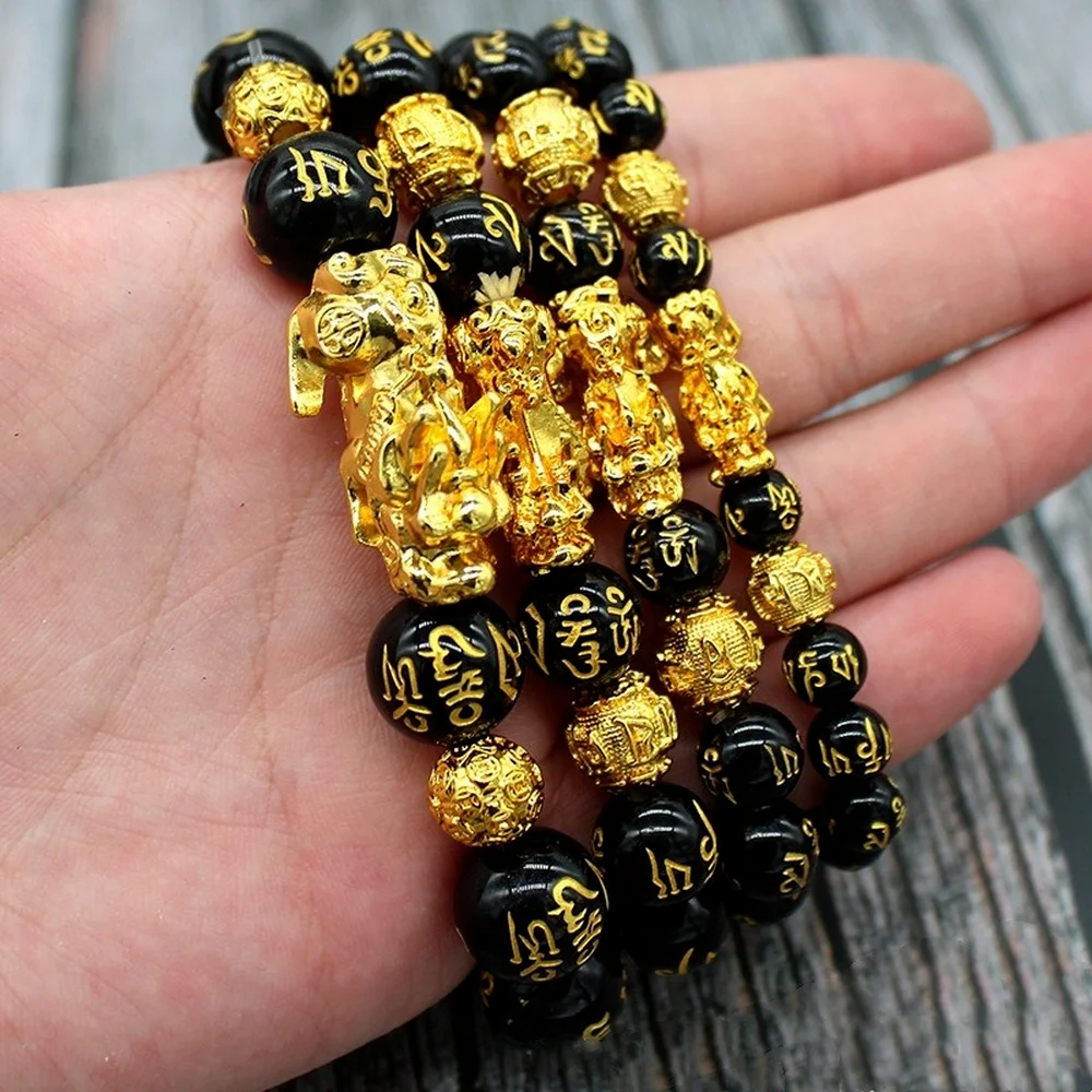 Buy Feng Shui Pixiu Charm Black Obsidian Carved Beads Stretch Bracelet in  Goldtone, Stretchable Bracelet, Good Luck Birthday Gift 138.00 ctw at  ShopLC.
