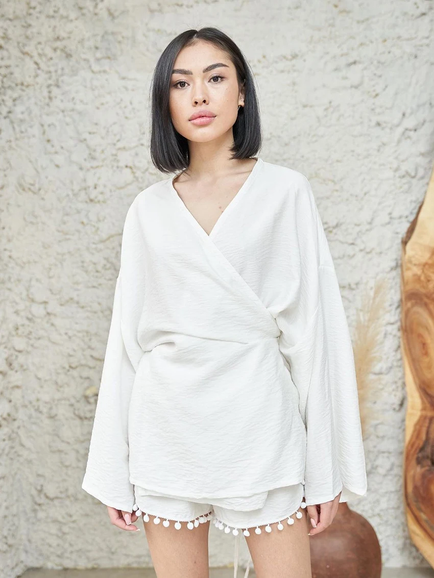 Marthaqiqi Casual Ladies Sleepwear 2 Piece Suit Sexy V-Neck Pajamas Long Sleeve Nightgowns Shorts Autumn Home Clothes For Women