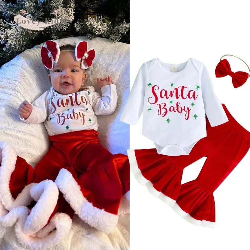 

Christmas Outfit 2023 Santa Baby 3PCS Set Sweet Letter Print Long Sleeve Bodysuit Pullover xmas Velvet Flare Pants Headband