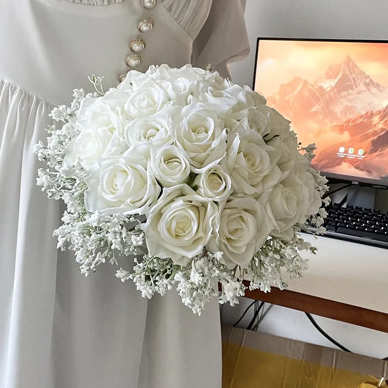 Bridal Bouquet Wedding Flowers Bridesmaids Silk Roses Fake Babys Breath Bride Wedding Accessories Table Centerpiece Decoration wedding bouquets artificial rose flowers artificial gypsophila plants