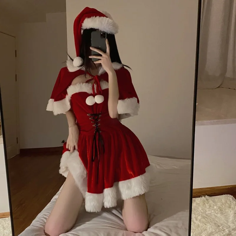 

Dress Women's Christmas Festival Clothing Pullover Short Spring Autumn Sexy Fashion Clothes Red and White Color Matching Suit1Pc