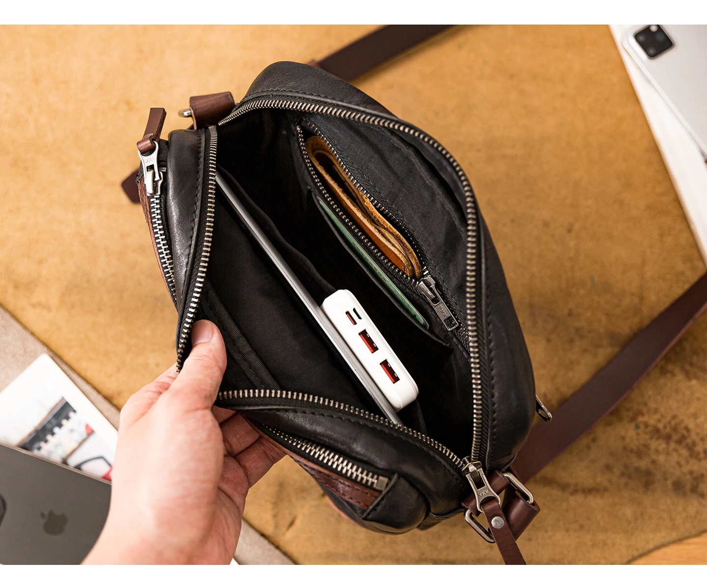 Modedesigner handgemachte echtes Leder Herren Umhängetasche lässig tägliche Reise Luxus Rindsleder Teenager schwarze Umhängetasche – Detail 17