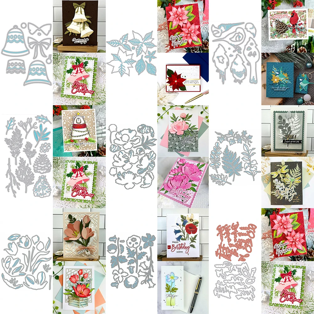 Poinsettia A Strati Rose Florals Metal Cutting Dies Christmas Bells Pine Winter Wishes Words Dies For Diy Craft Paper Cards 2022