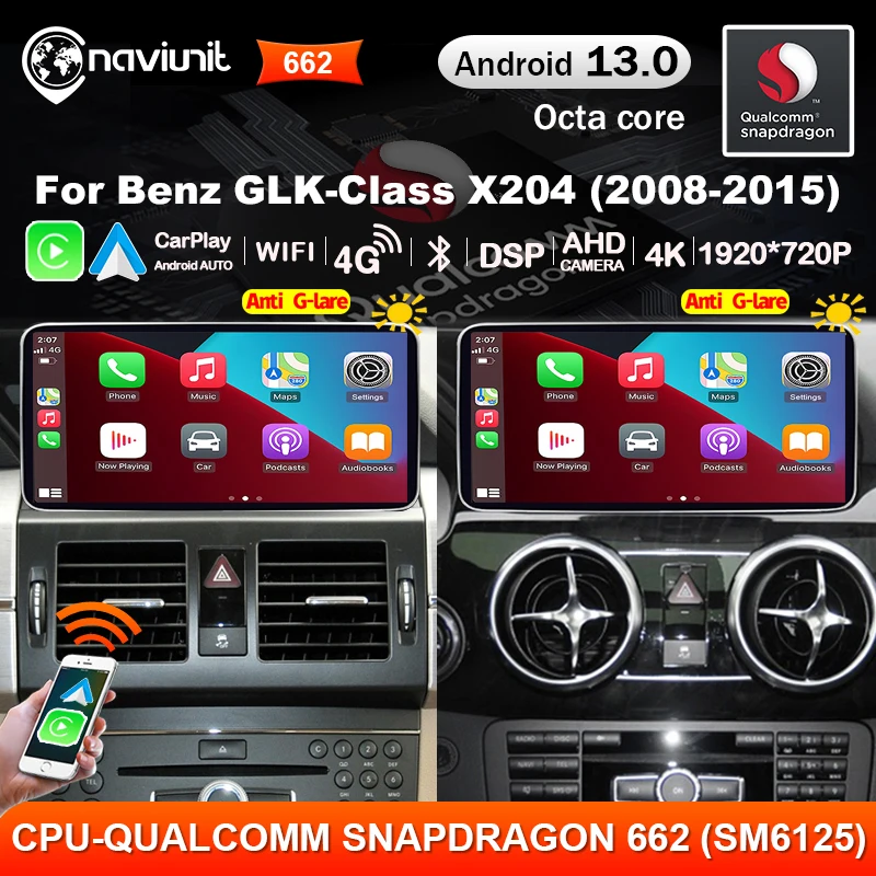 Snapdragon 8CORE Car Radio Wireless CarPlay Android 13 AUTO Screen For Mercedes Benz GLK Class X204 Car Multimedia player 4G LTE