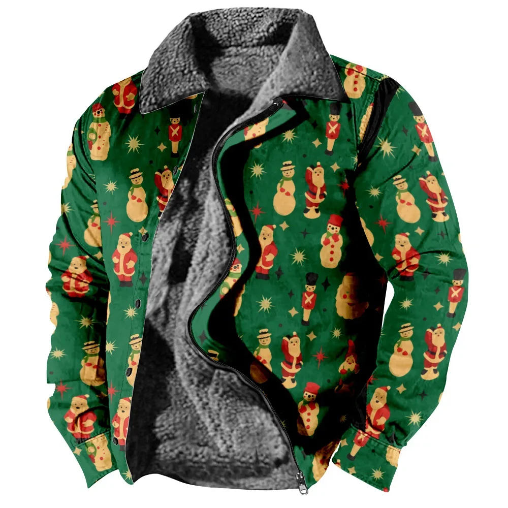 New Christmas Collection Personalized Casual Print Long Sleeve Zipper Sweater Polo Collar Cotton Coat Winter