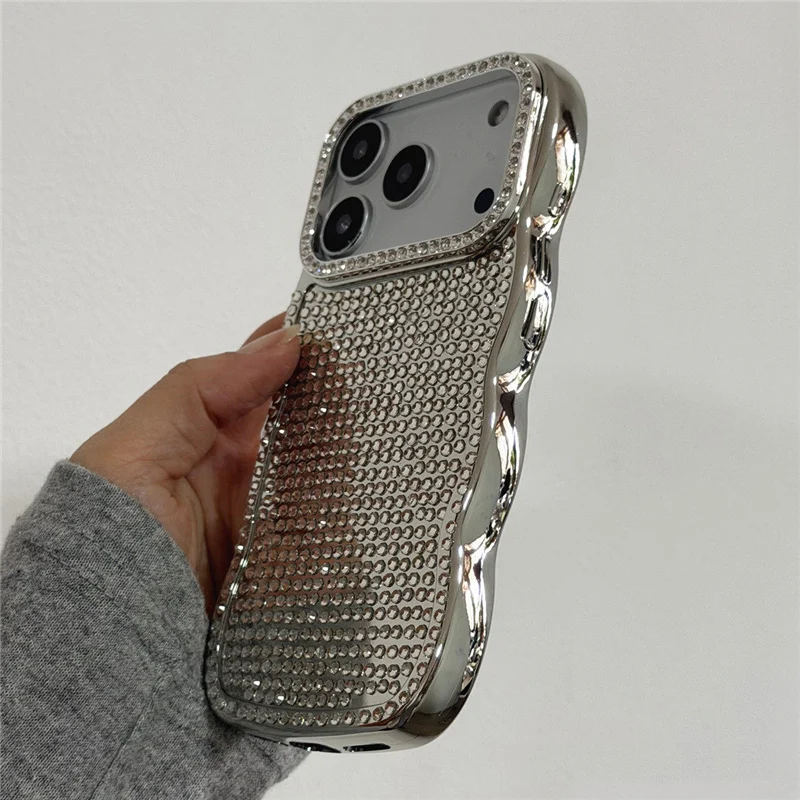 Luxury Silver Sparkling Diamonds Wavy Border Phone Case - Plating Shockproof Back Cover