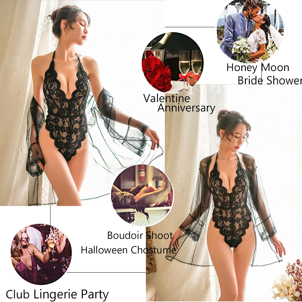 Women Transparent Lace Bodysuit Sexy Lingerie Sleepwear Mesh Lace Floral See-through Teddies Catsuit