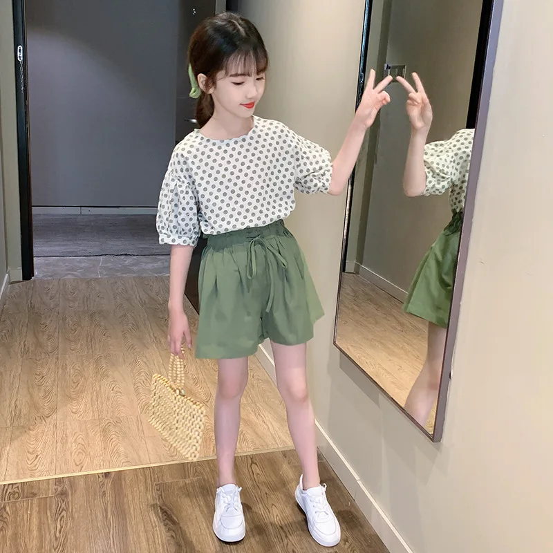 

Summer Clothes for Girl Cute Polka Dot Shirt & Shorts 2 PCS Set Teen Girl Clothing Tracksuit Short Sleeve Children's Costume
