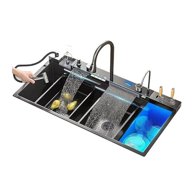 New Product Multifunctional Black Kitchen Sink 304 Smart Stainless Steel Large Sink Hotel Kitchen Handmade Stainless Steel Sinks