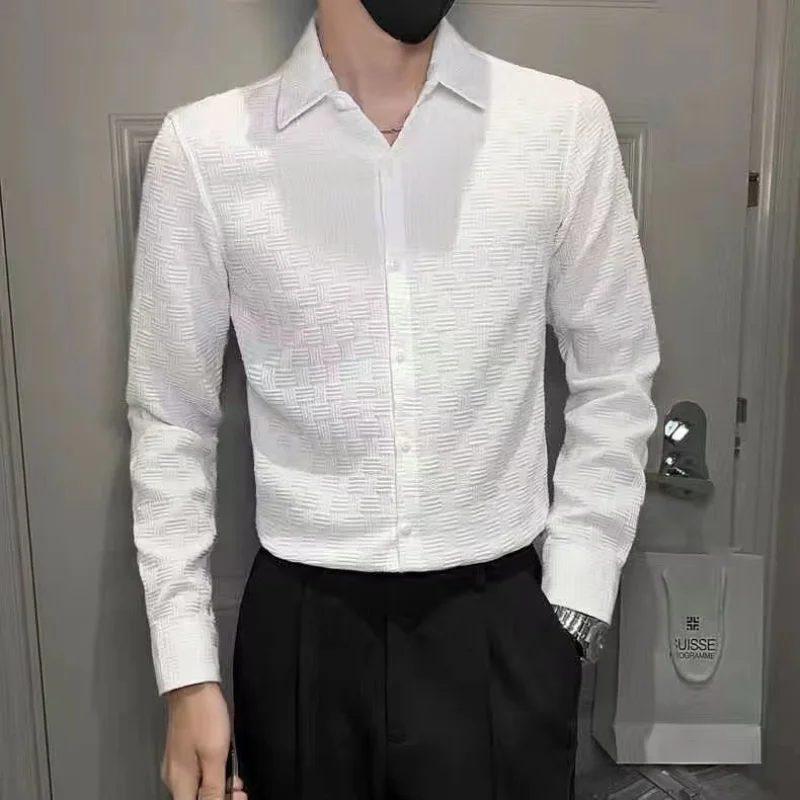 Koreon Clothing Men Summer White Shirts Smart Casual Streetwear Fashion Lapel Single-breasted Short Sleeve Jacquard Slim Tops
