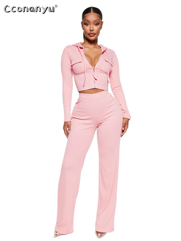 

Fall Outifits Womens Long Sleeve Knit Hooded Cardigan High Waist Office Lady Casual Slacks Tracksuit Two Piece Workout Sets 2023