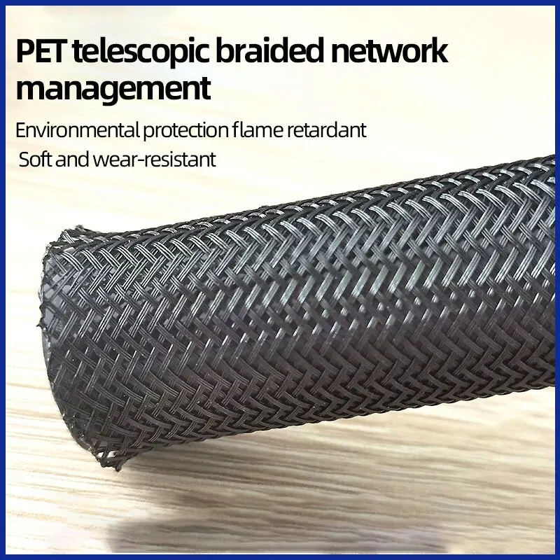 Woven Wire Mesh PET Elastic Black Encrypted Flame Retardant Nylon Computer Tube Telescopic Sleeve 10m
