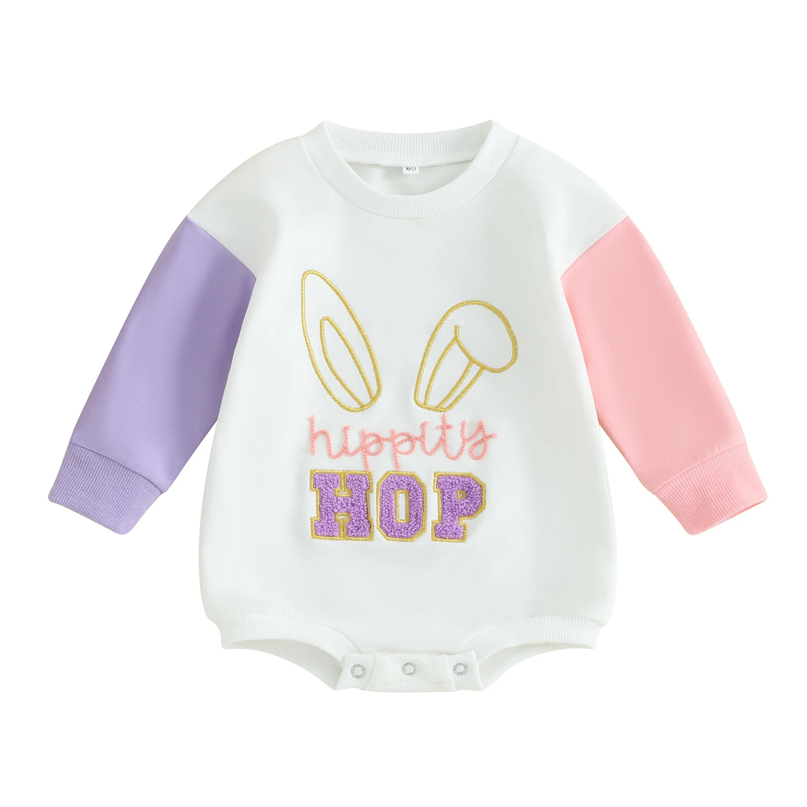 

Infant Girl Easter Jumpsuit Bunny Ear&Letter Embroidery Long Sleeve Round Neck Contrast Color Romper