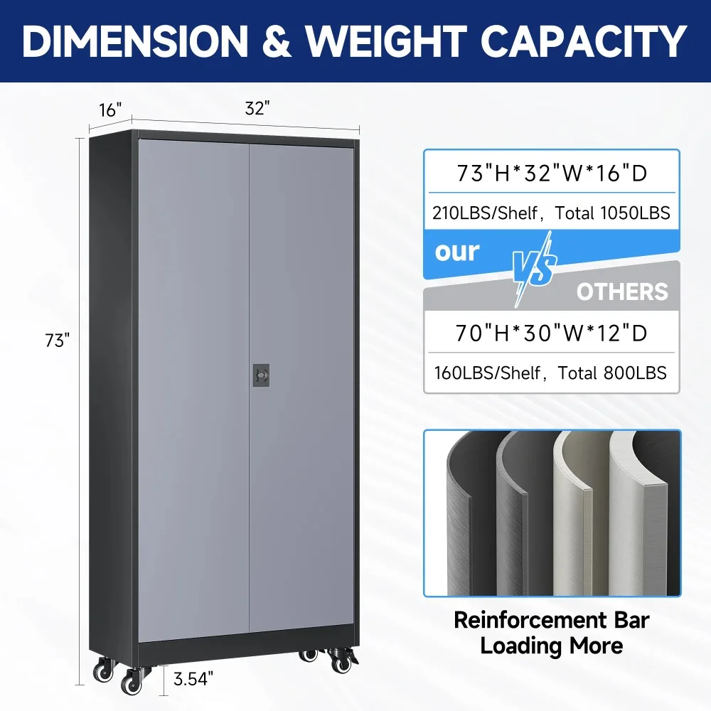Metal Storage Cabinet with Wheels, 73" Rolling Garage Storage Cabinets with 4 Adjustable Shelves & Locking Doors, Tool Cabinet 5