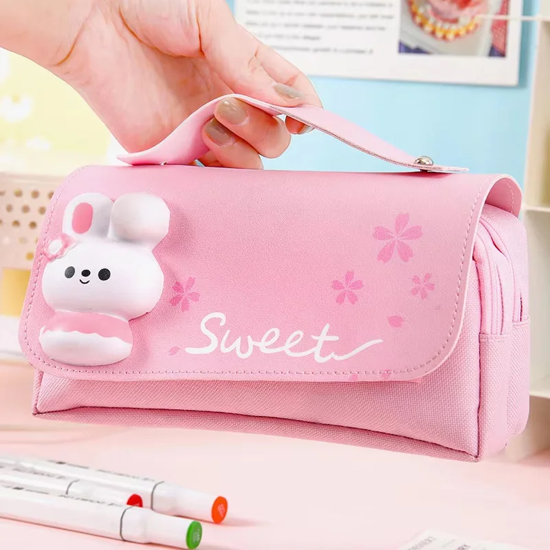 1Pcs 여자를위한 귀여운 토끼 감압 연필 케이스 어린이 방수 대용량 3D 펜 가방 학생 Kawaii 편지지