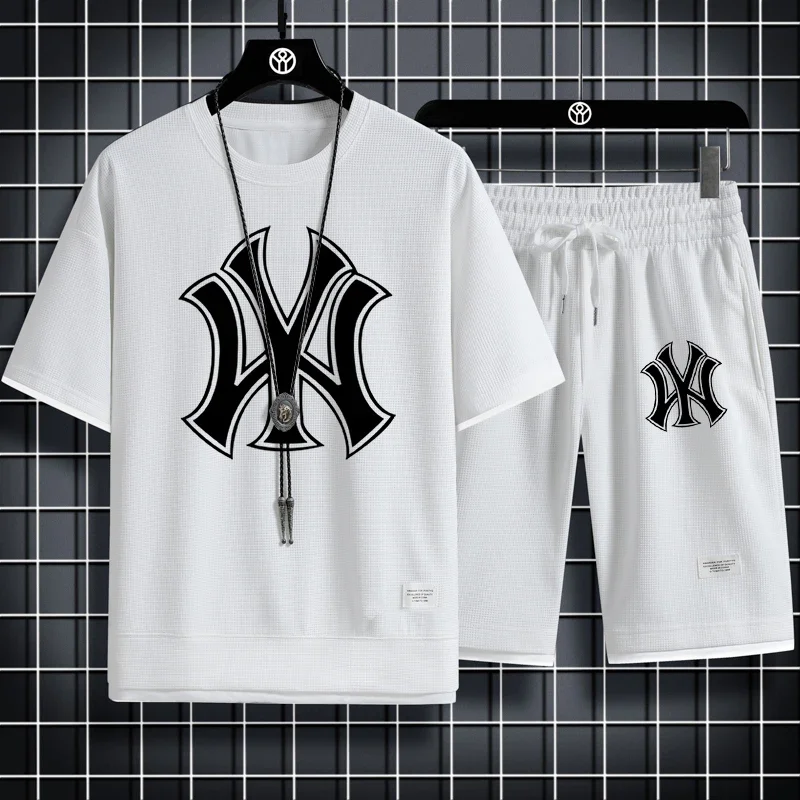 2024 Summer Fashion Waffle Casual Short sleeve + Shorts 2 piece sportswear for men and women couples breathable and comfortable