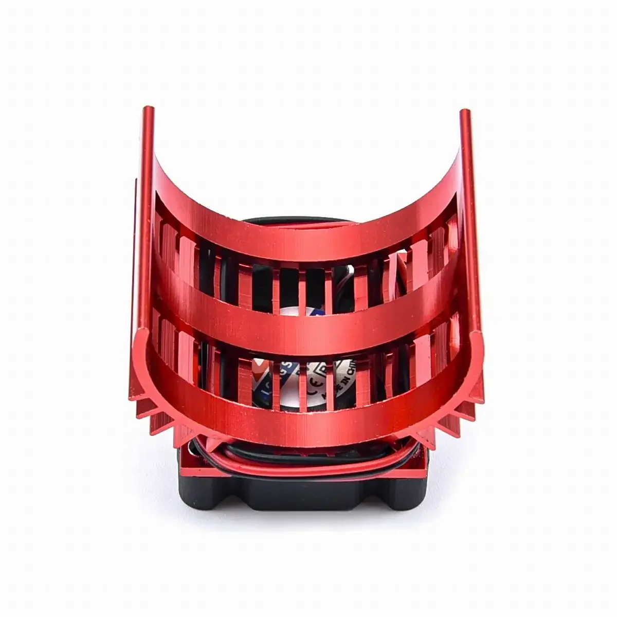 Gros plan sur un ventilateur de refroidissement pour récepteur RC noir, montrant les pales en plastique et le boîtier métallique.