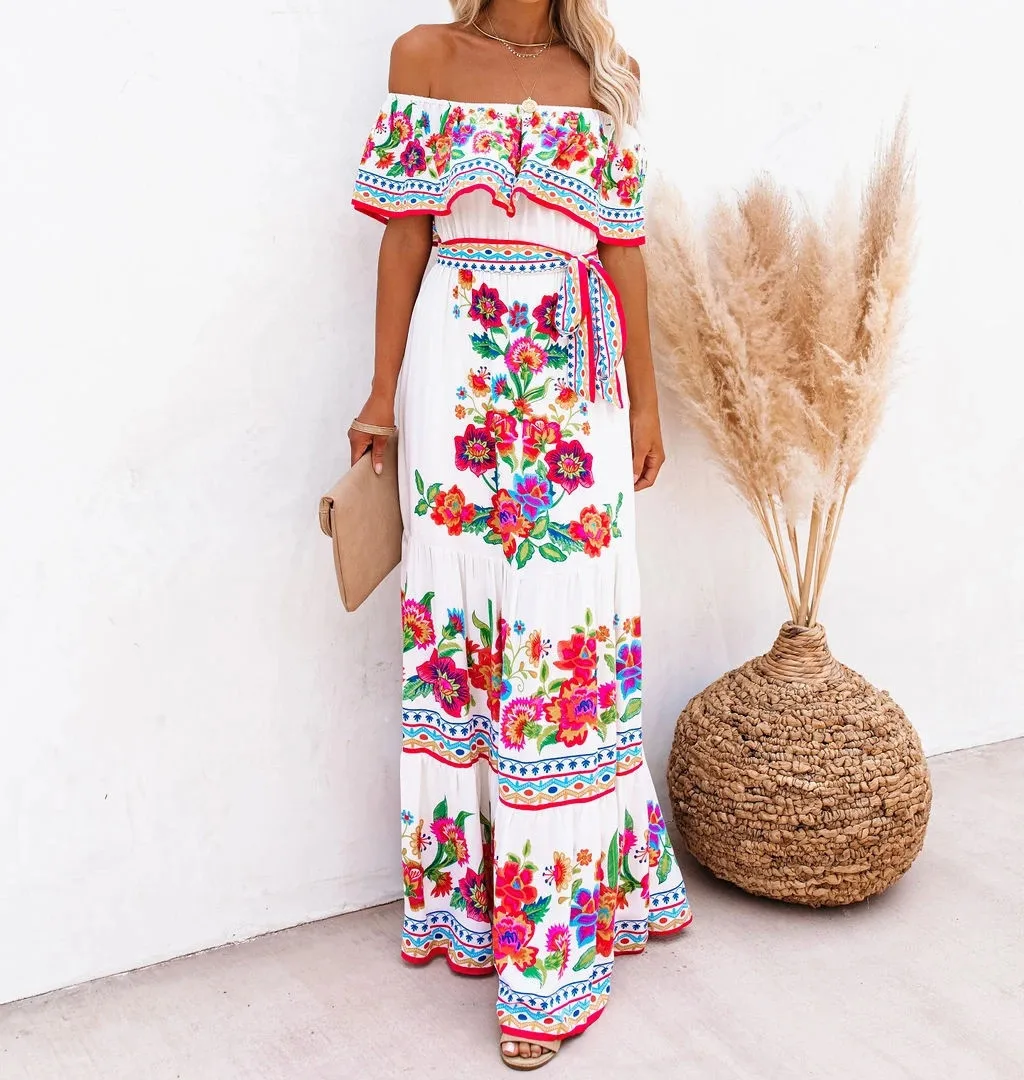 Flower Print Off Shoulder Long Dresses For Women Spring Summer New Fashion Temperament High Waist Leace-up Dress Female Vestidos 17 undefined