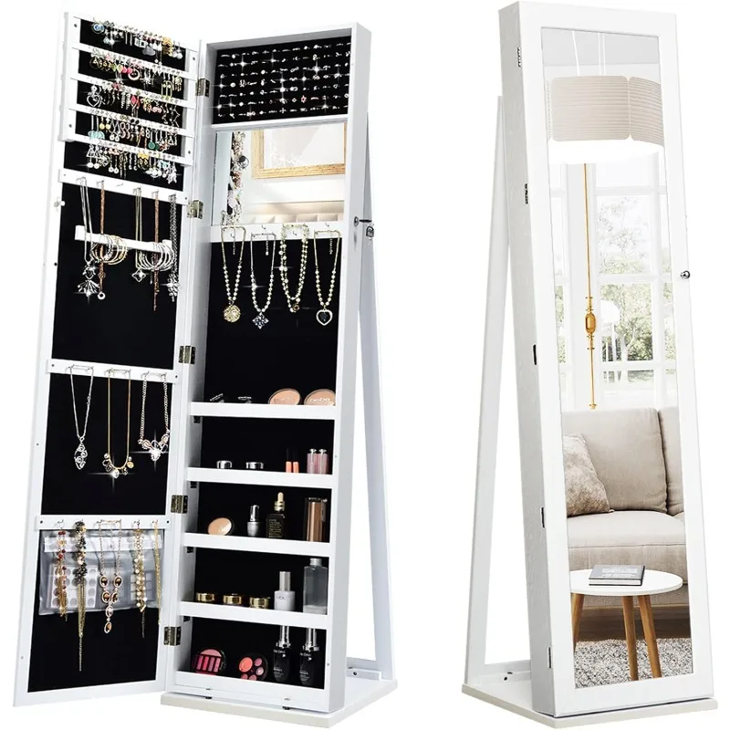 

Standing Jewelry Armoire with Higher Full Length Mirror, 2-in-1 Lockable Jewelry Cabinet Organizer with Large Storage Capacity,