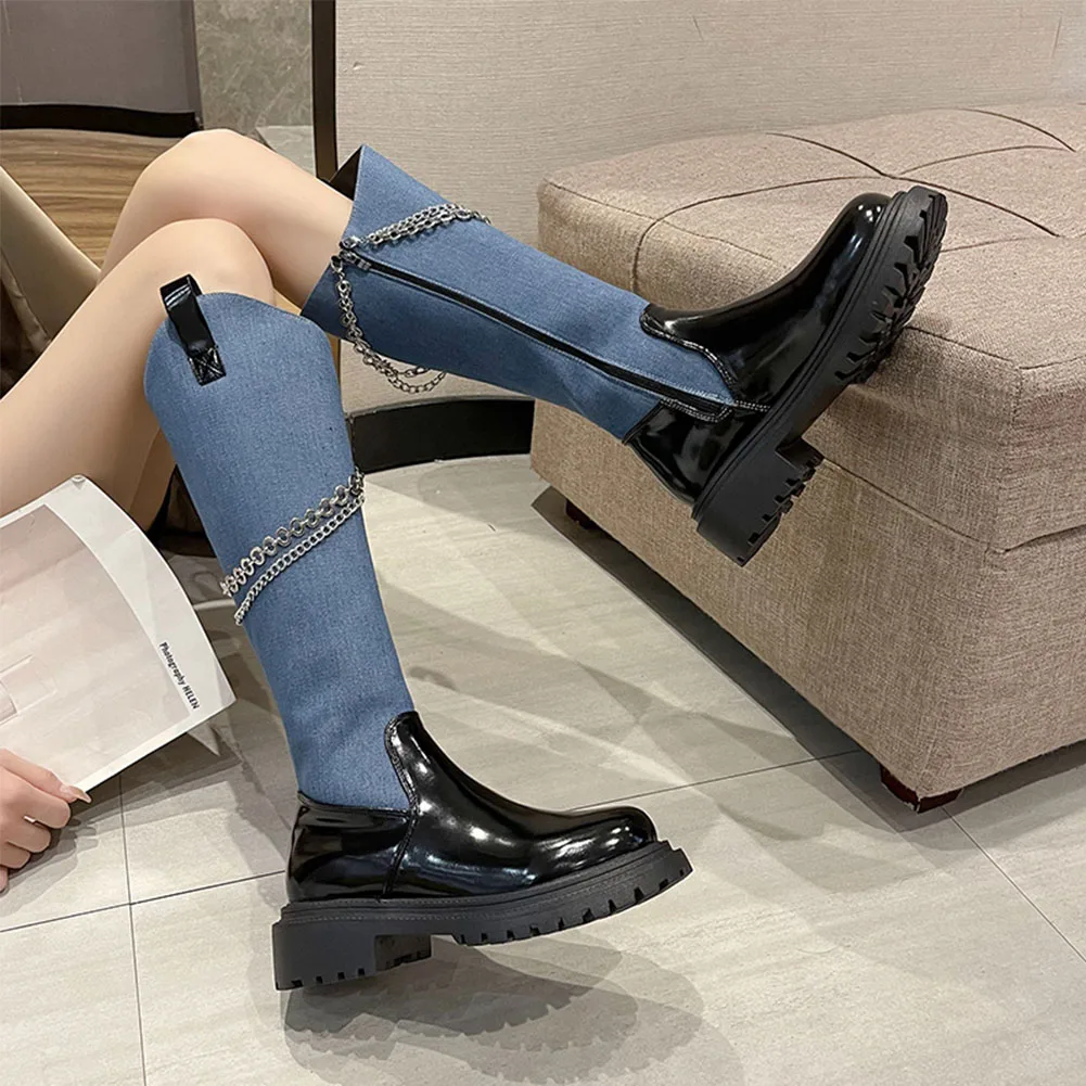 

2022 New Fashion Punk Style Mid Calf Boot Round Thick Heel Chain Zipper Knight Boots Knee High Street So Cool Girl Women Boots