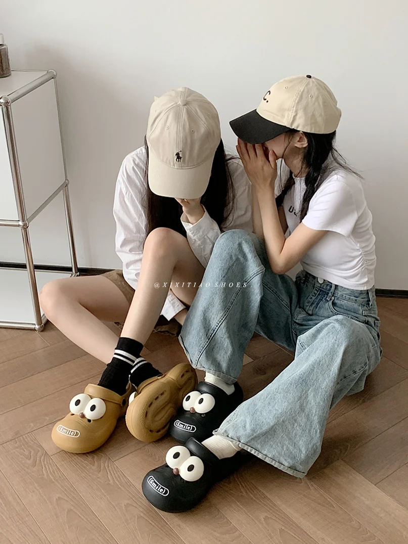 Funny Garden Shoes DIY Hole Shoes With Big Eyes Men And Women's Slippers Summer Slip Couple AliExpress