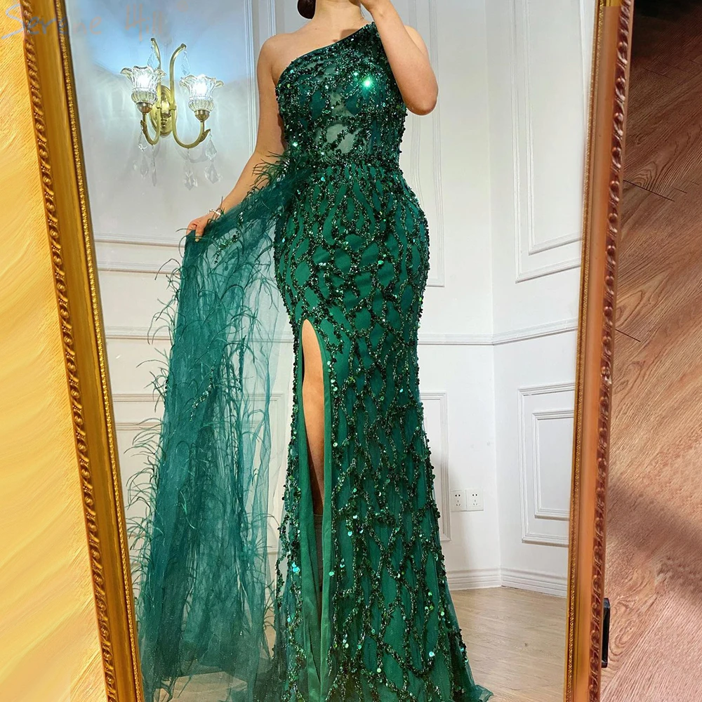 

2024 Sequined Evening DressFor Women Luxury Dubai One Shoulder Feathers Formal Party Prom Gowns Side High Split Robe De Soiree