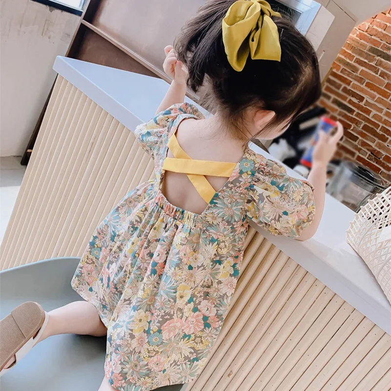 Summer Girls Dress Sweet Korean Version Skin-friendly Princess Dress Floral Print Stylish Lovely