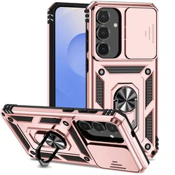 Luxury Car Magnetic Ring Bracket Case with Armor Slide Camera Lens Protector Cover - Galaxy S23 Ultra (Rose gold)