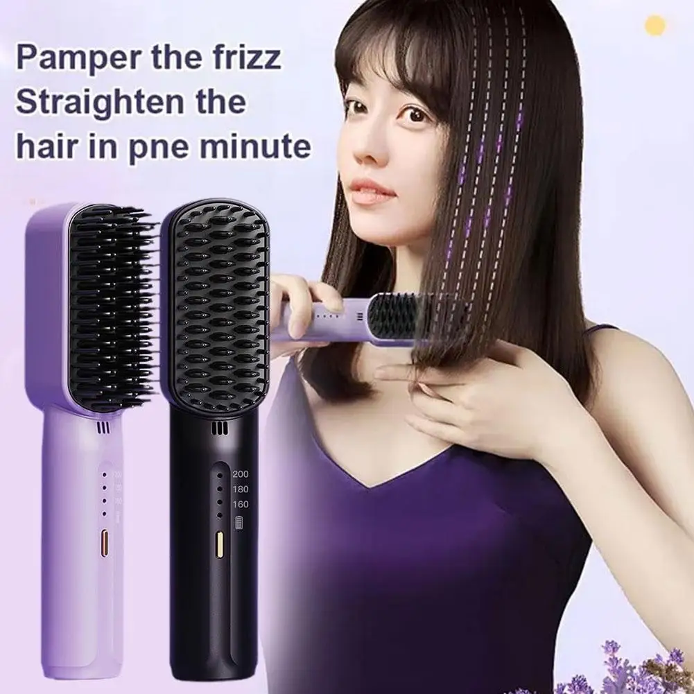 

Lazy Hair Straightener Wireless Hair Hot Comb Mini USB Rechargeable Fast Heating Straightening Brush for Home Travel G4O3