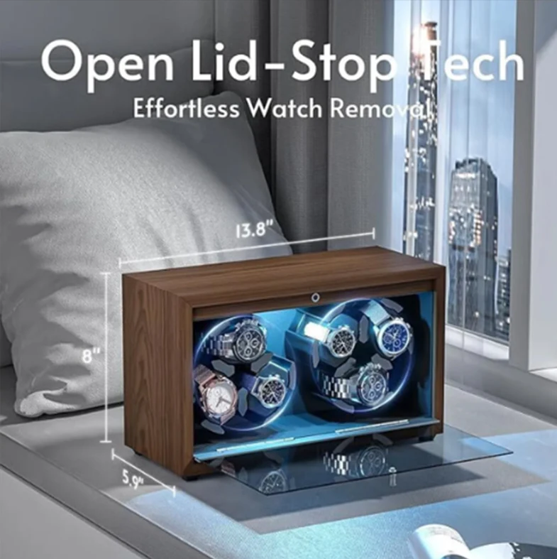 Automatic 6-Slot Watch Winder Box with Blue LED Light, Black Walnut Finish, Soft Memory... - SKU LAWW1124 - UGI Packaging
