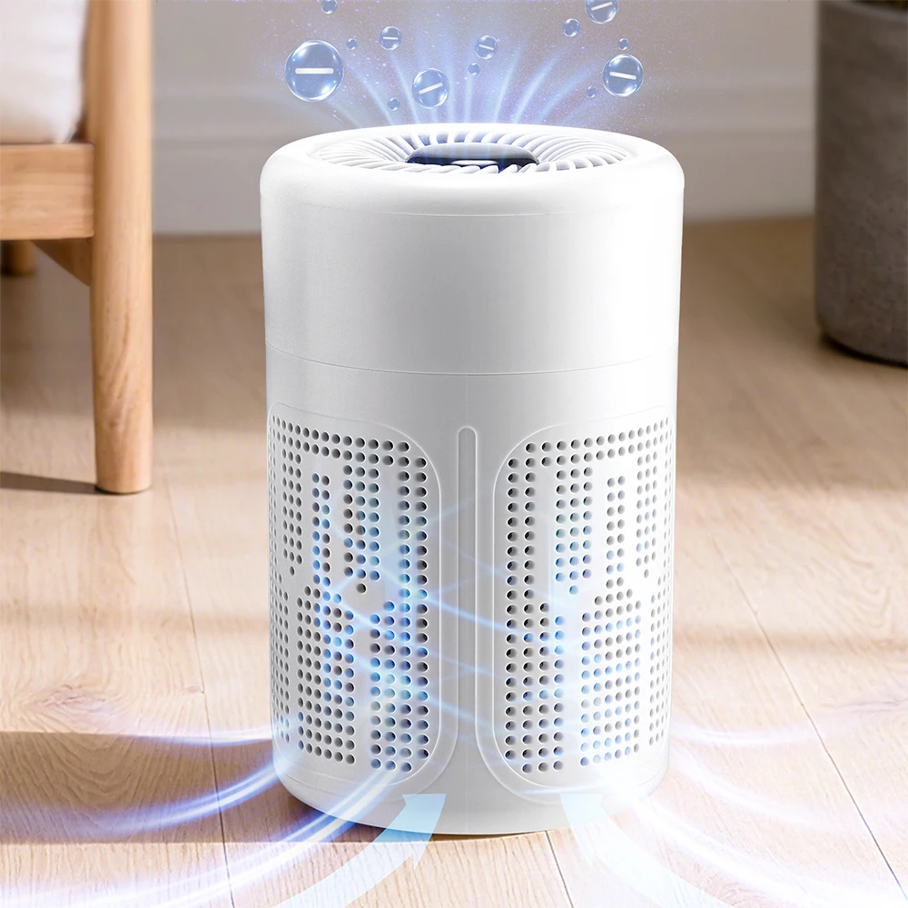 Compact desktop HEPA air purifier on a table