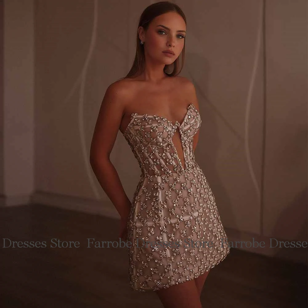 Luxury Prom Dresses Mini Organza A-line Sweetheart Cocktail Party Dress Champagne Rhinestones/Crystals Hollow Celebrity Dress 2