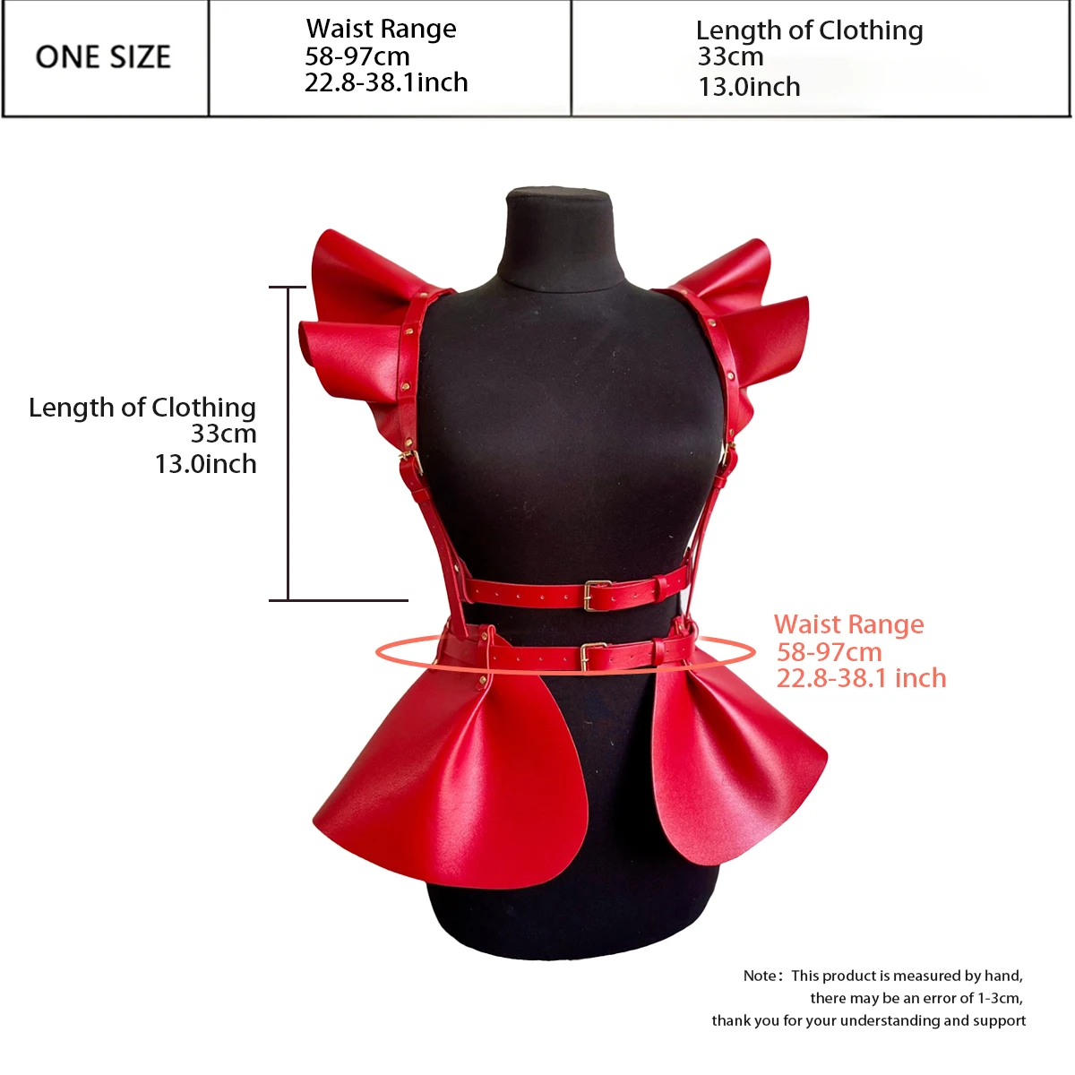 Red statement accessory displayed on a mannequin with structured strap details