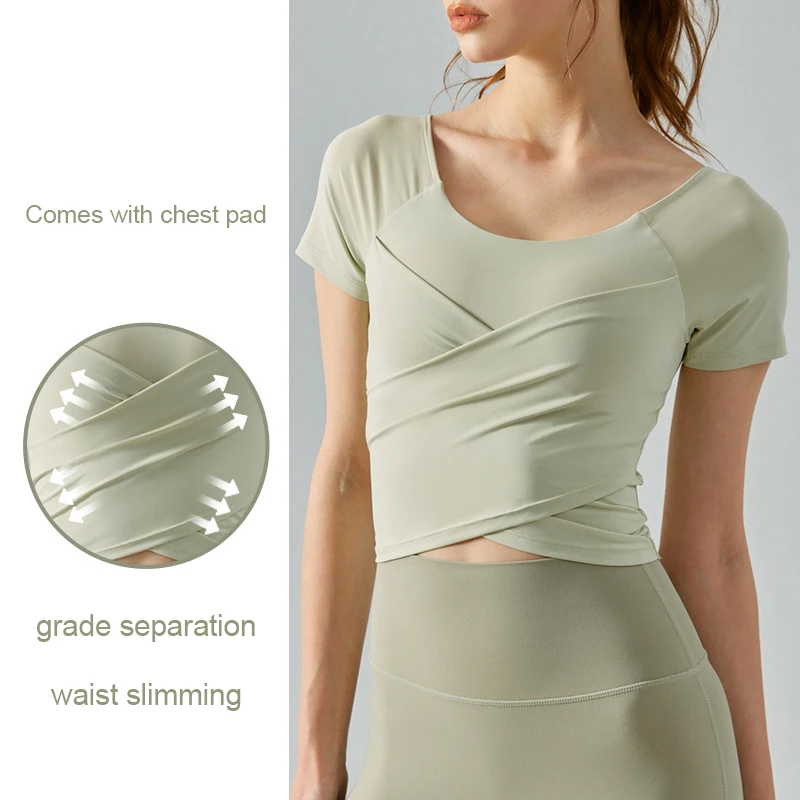 

With Logo Sports Short Sleeve Cross Pleated Summer Yoga Top With Chest Pad Slim Fit Breathable Fitness Training T-Shirt Women