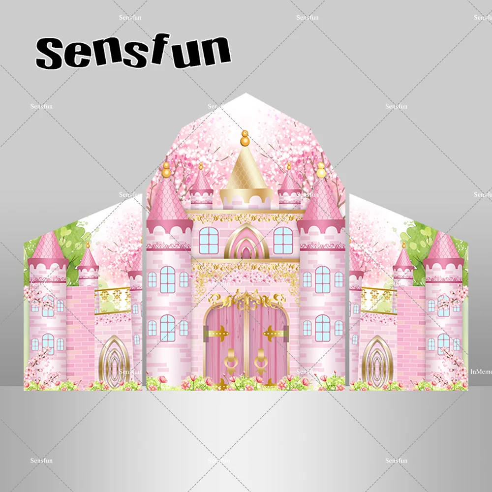 

Pink Princess Castle Chiara Barn Shape Arch Backdrop Cover for Girls Newborn Baby Shower 1st Birthday Party Background Banner