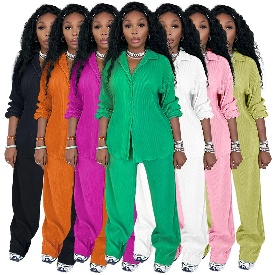 Women'S Set Casual Long Sleeve Shirt Tops And Wide Leg Pants Elegant Tracksuit Two Piece Set Sweatsuit Fitness Joggers Outfits 1 set men outfit short sleeve top drawstring pants color block pockets summer contrast color quick dry sweatsuit set for fitness