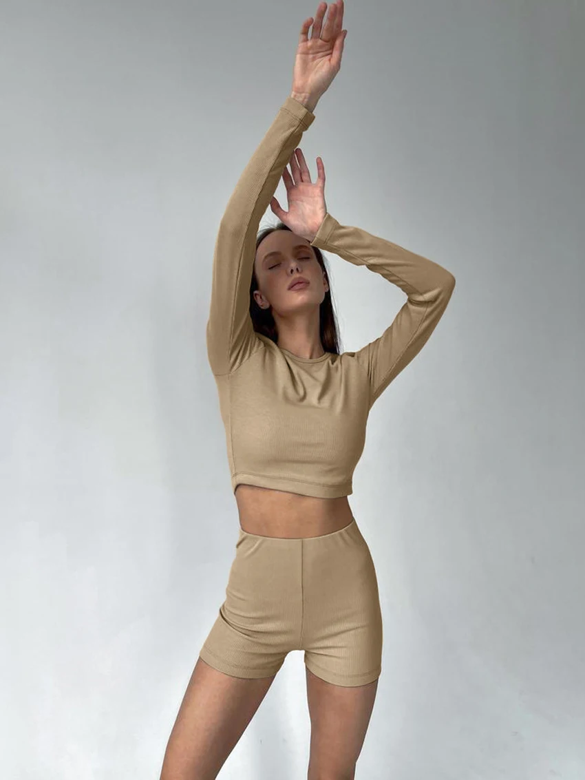 Marthaqiqi Slim Women'S Home Clothes Long Sleeve Nightie O-Neck Pajamas Crop Top Nightgowns Shorts Ladies Nightwear 2 Piece Suit
