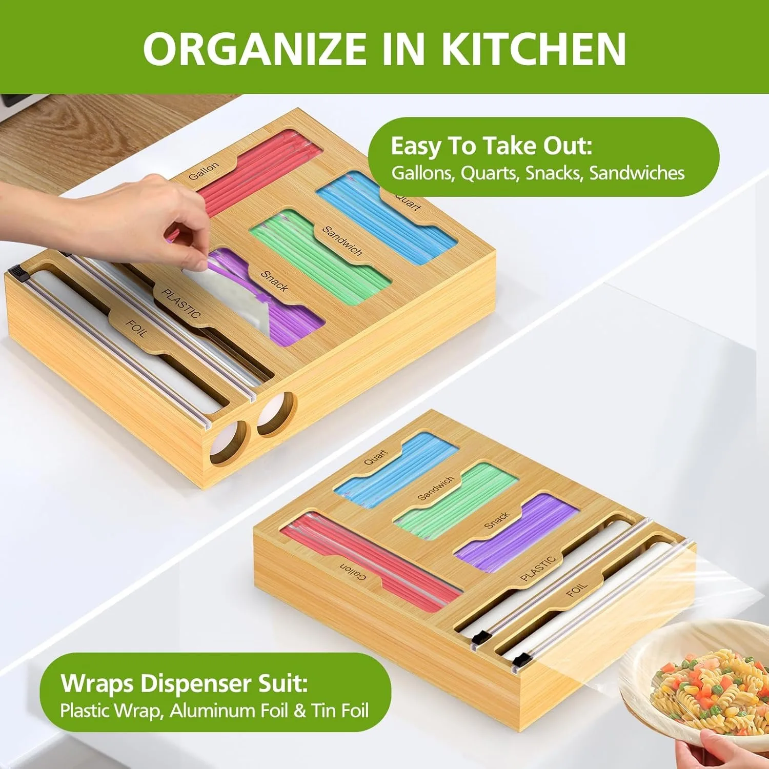 Bag Storage Organizer for Kitchen Drawer, 6 in 1 Foil and Plastic Wrap Dispenser with Cutter, Bamboo Plastic Baggie Organizer ﻿ 4