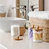 Qtip Holder Dispenser with Bamboo Lid 10 oz Clear Plastic Apothecary Jar Containers for Vanity Makeup Organizer Storage Bathroom 3