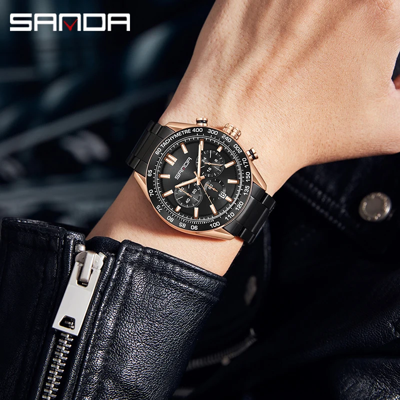 SANDA 5501 Men's Watches Top Brand Luxury Chronograph Quartz Watch Waterproof Sport Wristwatches Men Stainless Steel Male Clock